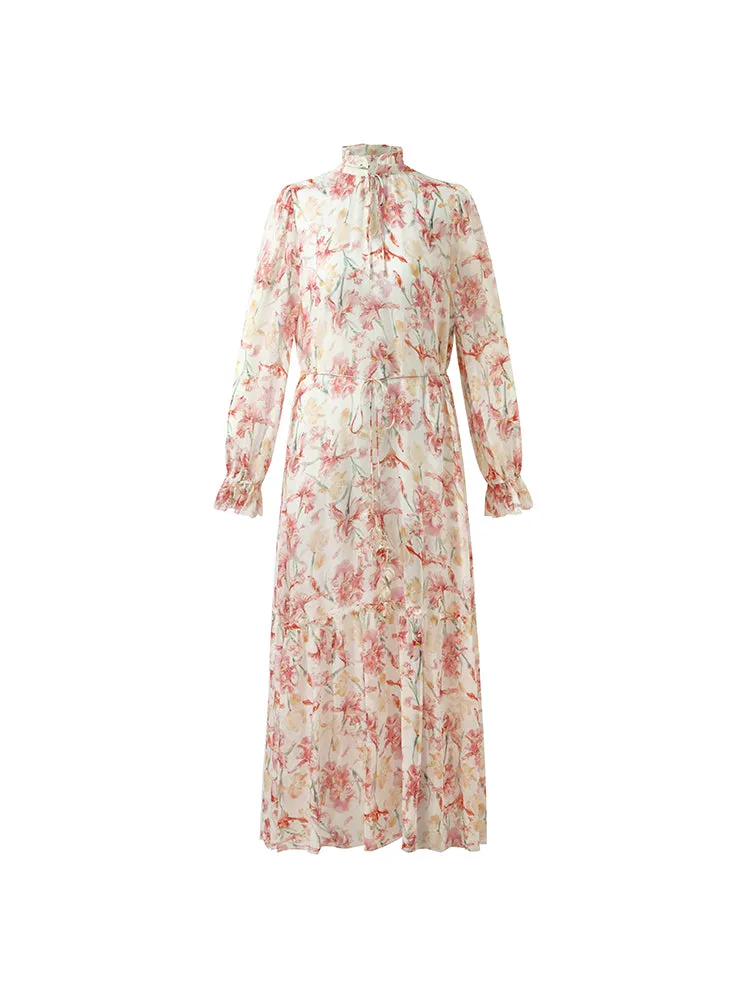 10 Momme Mulberry Silk Iris Printed Lantern Sleeve Women Maxi Dress