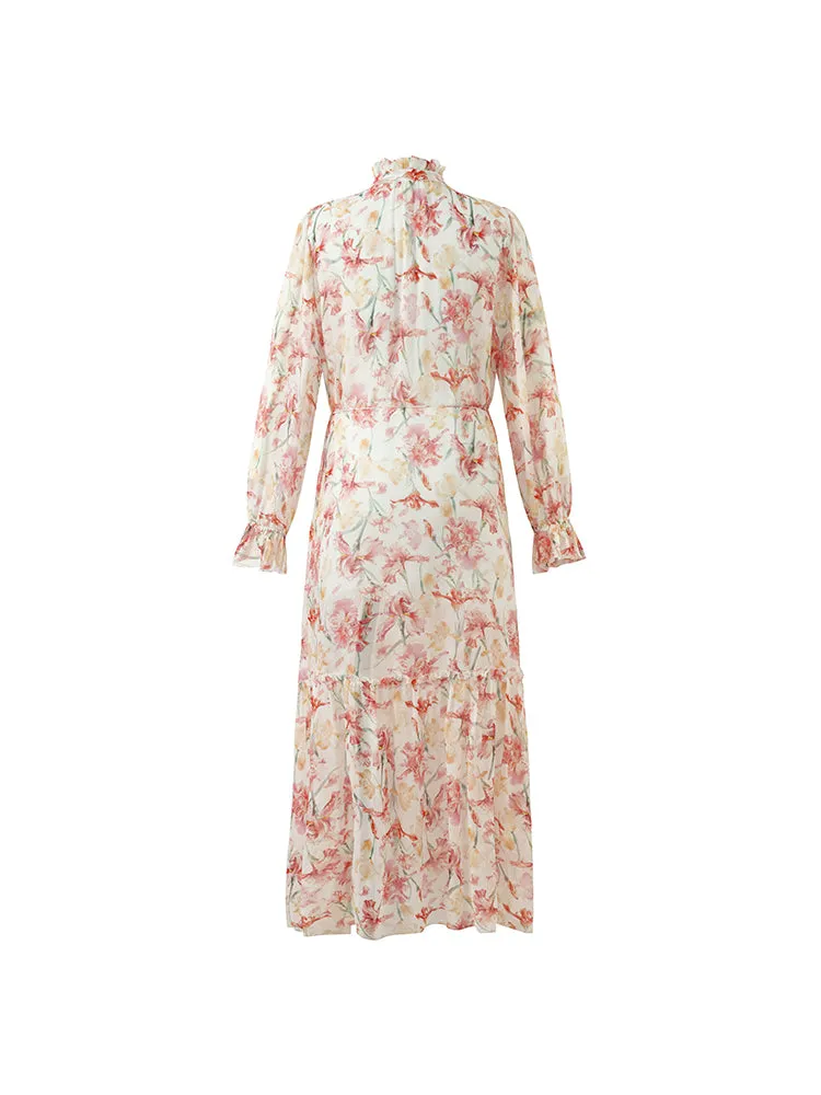 10 Momme Mulberry Silk Iris Printed Lantern Sleeve Women Maxi Dress