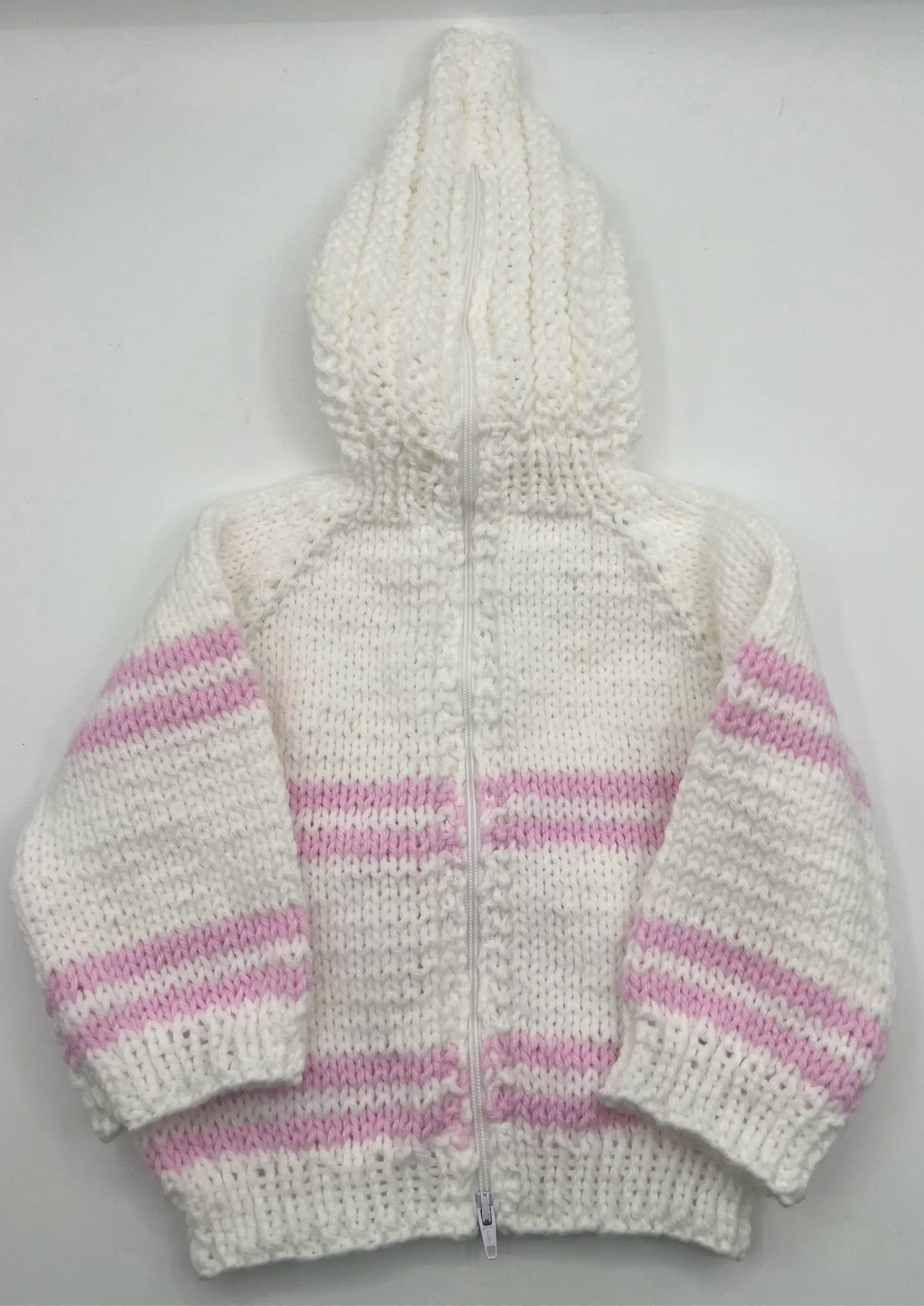 12 M White & Pink Heart Back Zipper Acrylic Knit Sweater with Hood