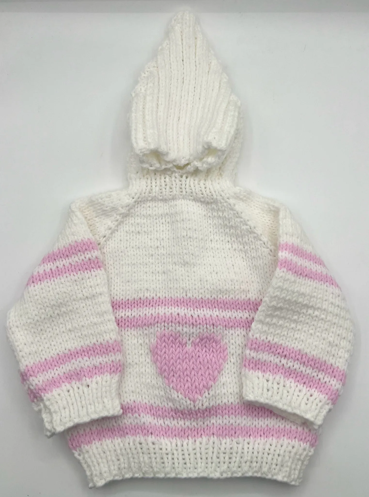 12 M White & Pink Heart Back Zipper Acrylic Knit Sweater with Hood