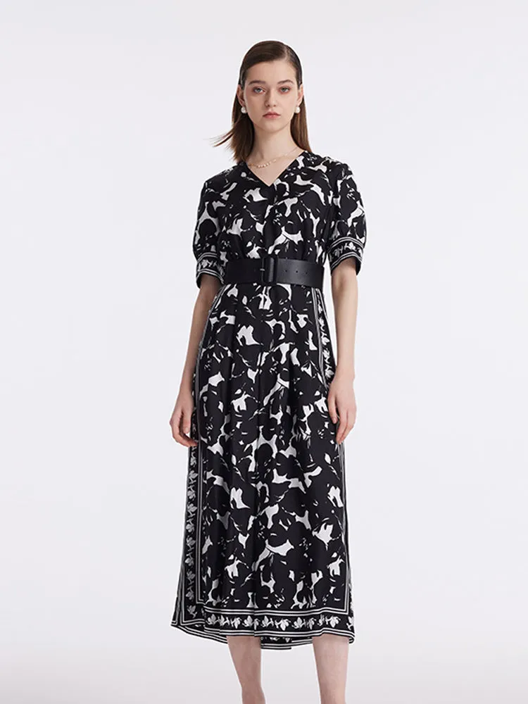 14 Momme Mulberry Silk Iris Printed Women Maxi Dress With Belt