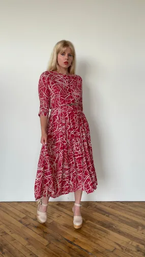 1940s Rose & thorn soft red day dress, sz. S