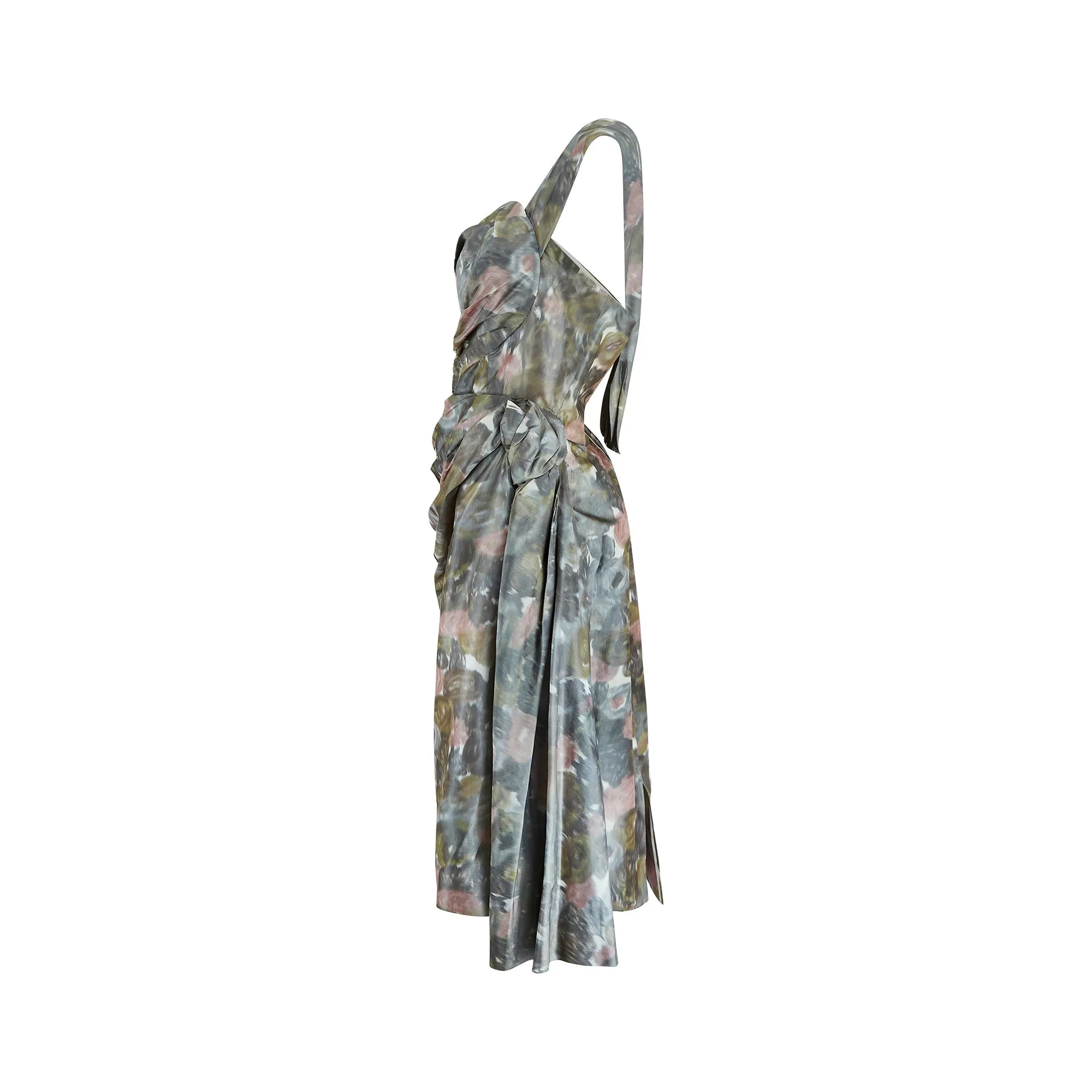 1950s Harvey Nichols Silk Floral Strapless Ruched Dress