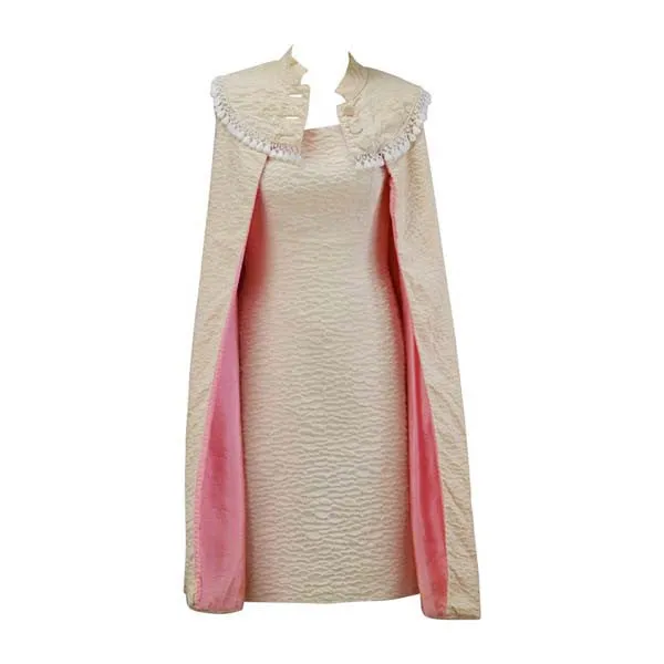 1960s Mr. Blackwell Ivory Textured Dress with Pink Lined Cape