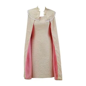 1960s Mr. Blackwell Ivory Textured Dress with Pink Lined Cape