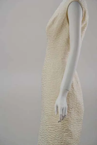 1960s Mr. Blackwell Ivory Textured Dress with Pink Lined Cape