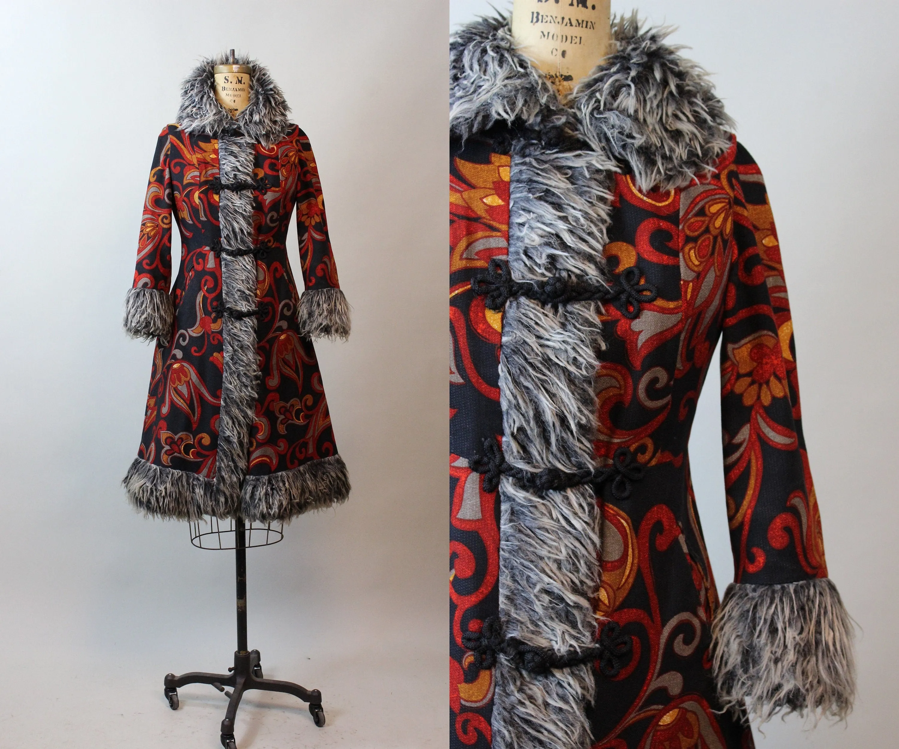 1970s BOHO faux fur tapestry coat xs | new fall