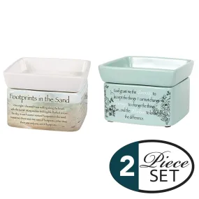 2 Pc Set Footprints in The Sand, Serenity Prayer Ceramic Stoneware 2-in-1 Tart Oil Wax Candle Warmers