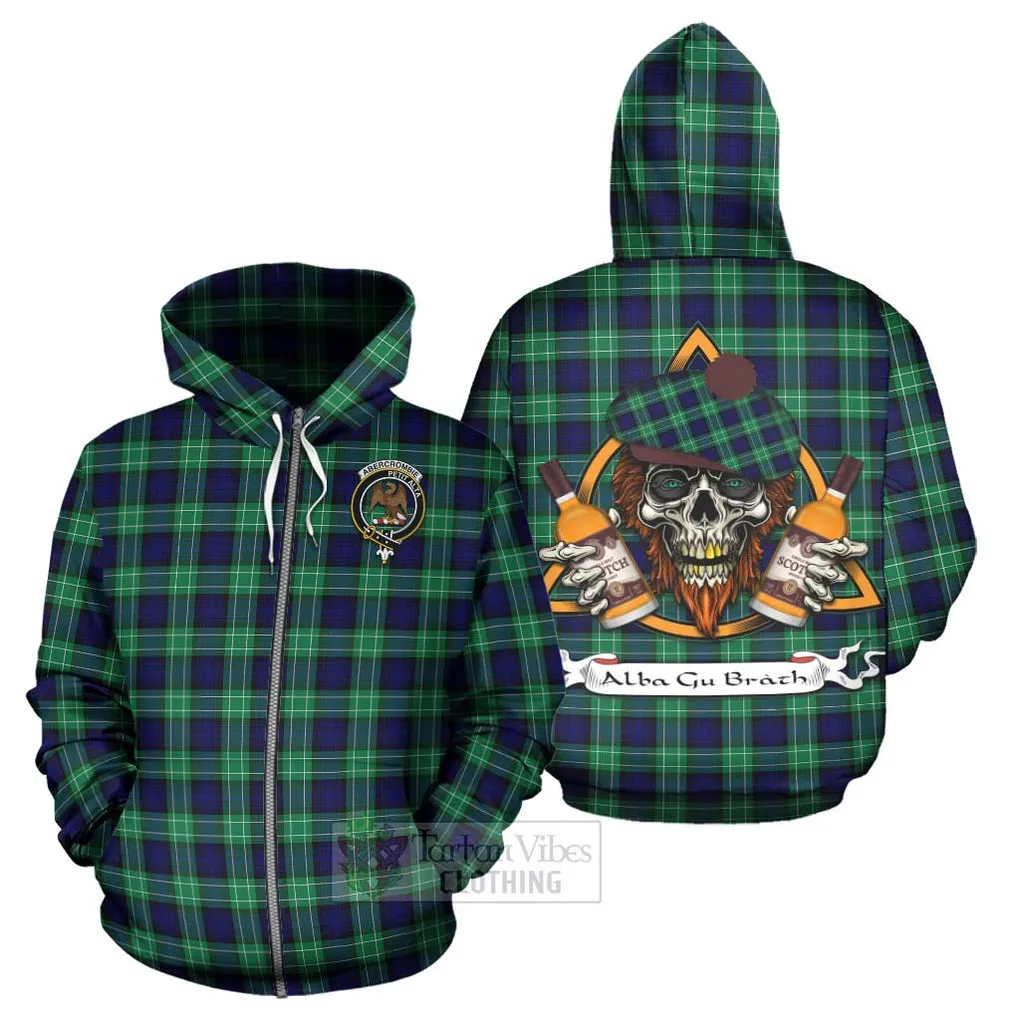 Abercrombie Tartan Hoodie with Family Crest and Bearded Skull Holding Bottles of Whiskey