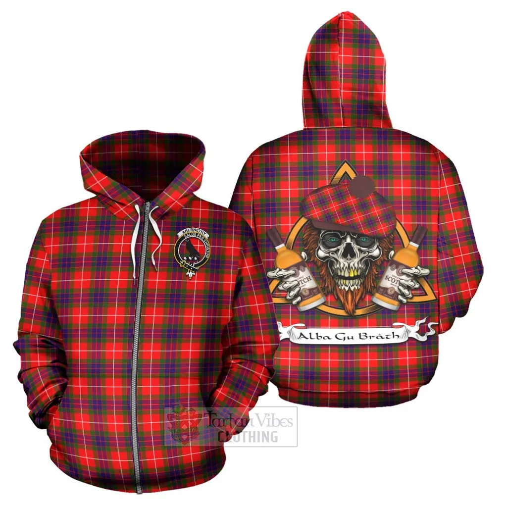 Abernethy Tartan Hoodie with Family Crest and Bearded Skull Holding Bottles of Whiskey