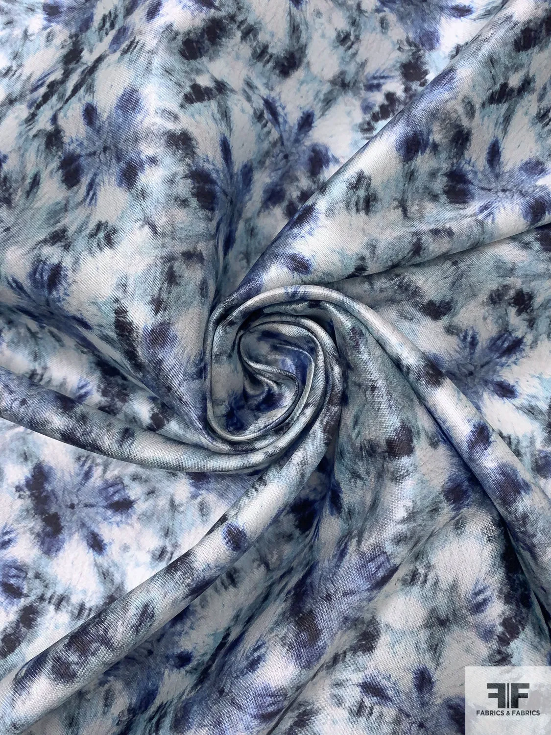 Abstract Hazy Graphic Printed Silk-Cotton Mikado - Blues / Grey / Off-White