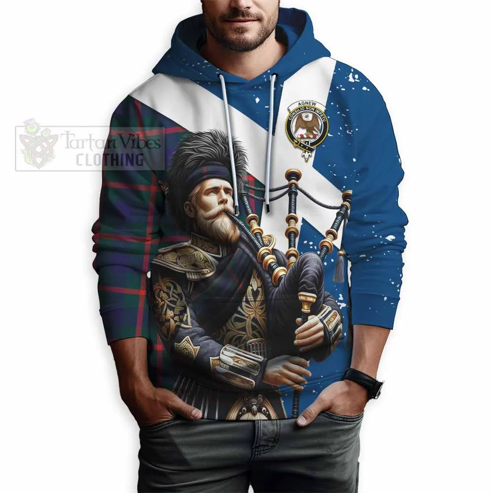 Agnew Tartan Hoodie with Family Crest Scottish Bagpiper Vibes