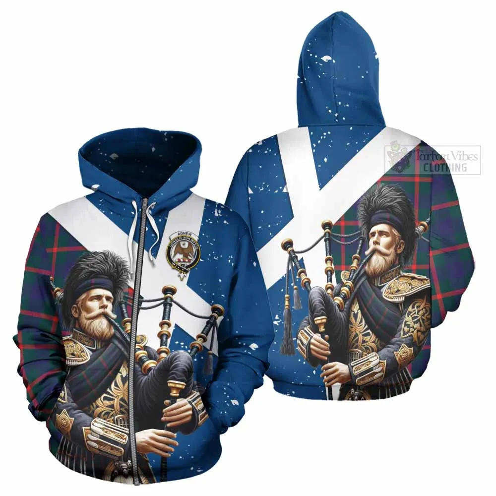 Agnew Tartan Hoodie with Family Crest Scottish Bagpiper Vibes