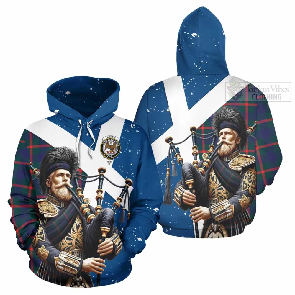 Agnew Tartan Hoodie with Family Crest Scottish Bagpiper Vibes