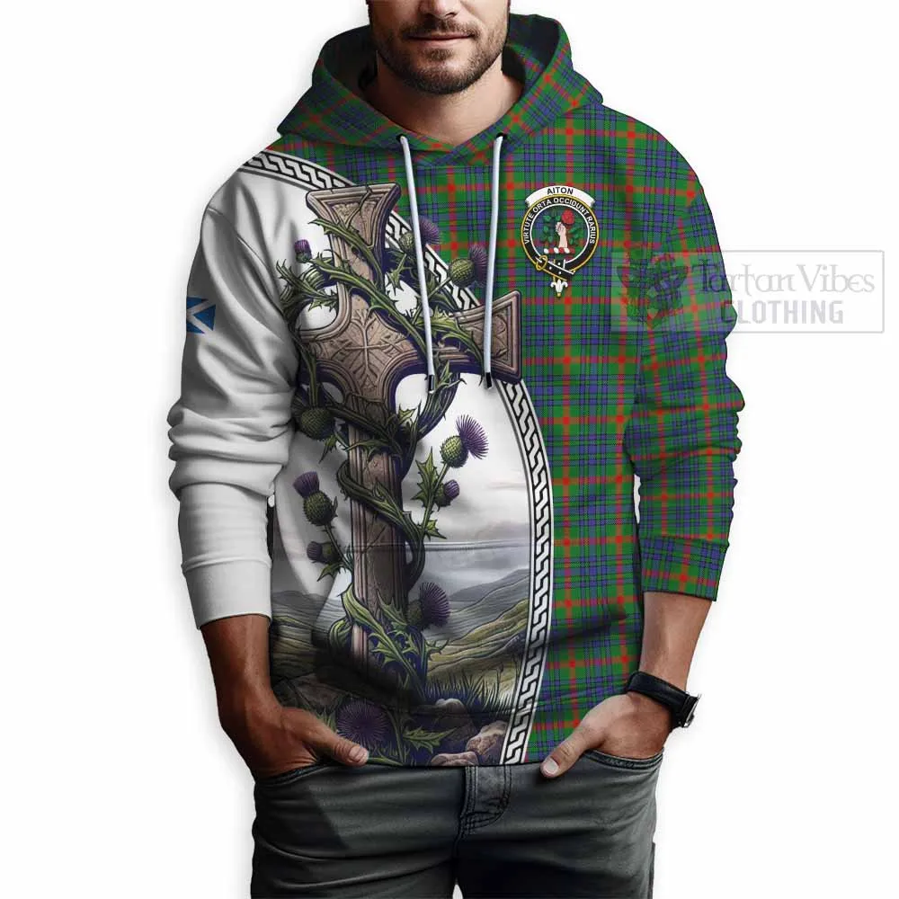 Aiton Tartan Hoodie with Family Crest and St. Andrew's Cross Accented by Thistle Vines