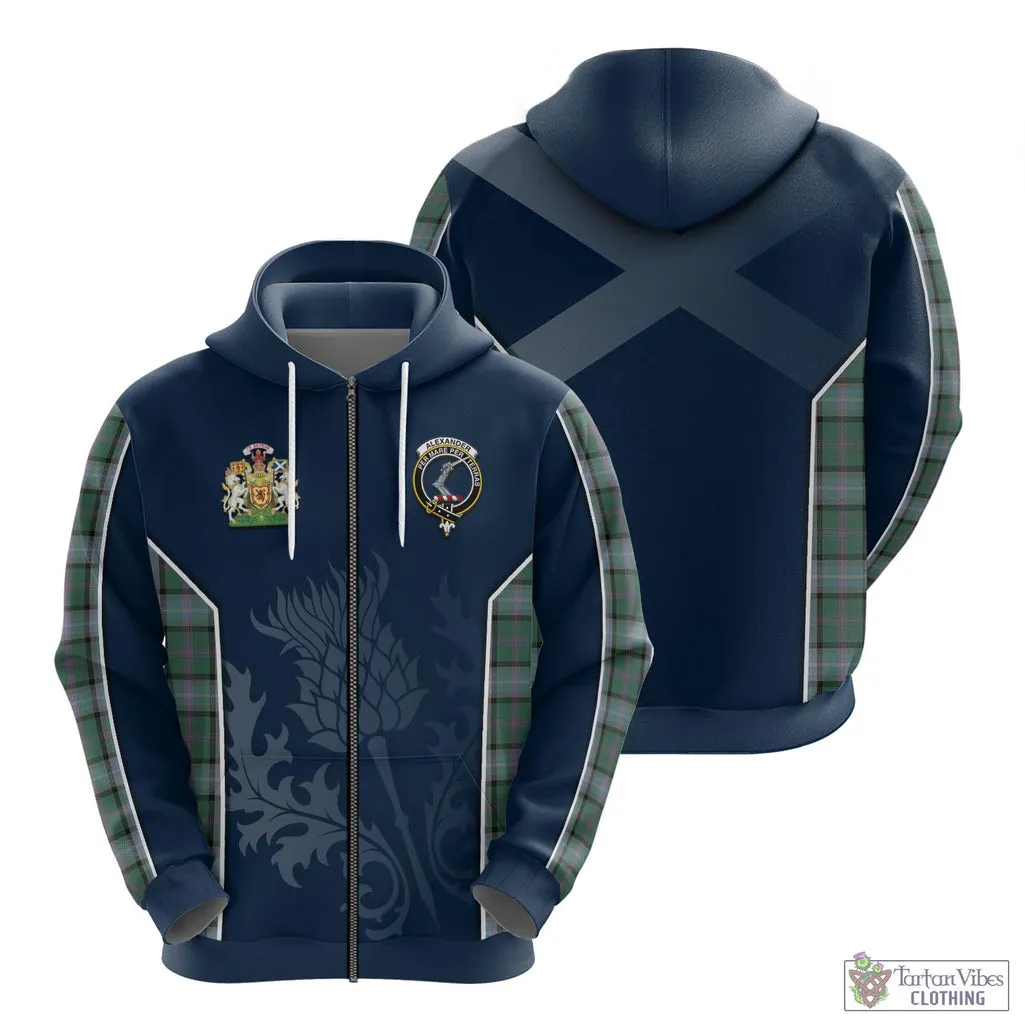 Alexander of Menstry Hunting Tartan Hoodie with Family Crest and Scottish Thistle Vibes Sport Style