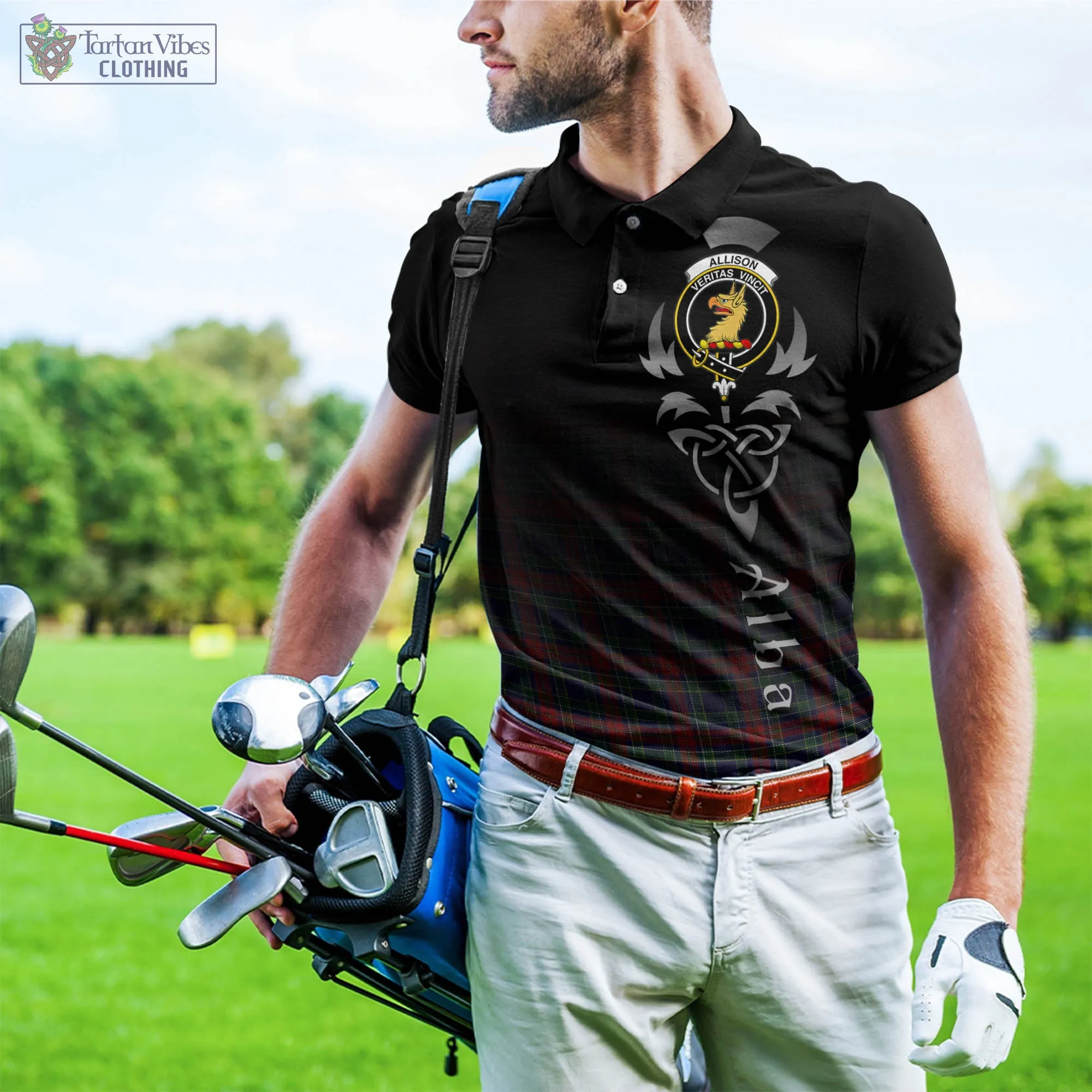 Allison Red Tartan Polo Shirt Featuring Alba Gu Brath Family Crest Celtic Inspired