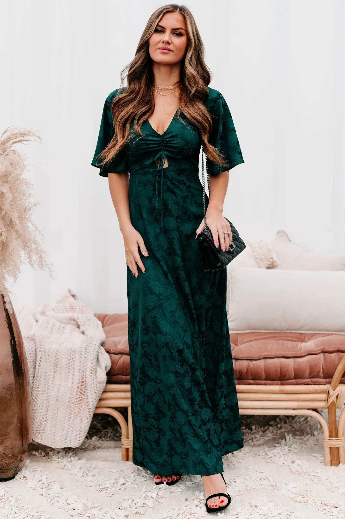 Always Celebrating Ruched Front Floral Maxi Dress (Dark Green)