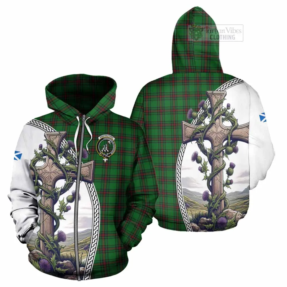 Anstruther Tartan Hoodie with Family Crest and St. Andrew's Cross Accented by Thistle Vines