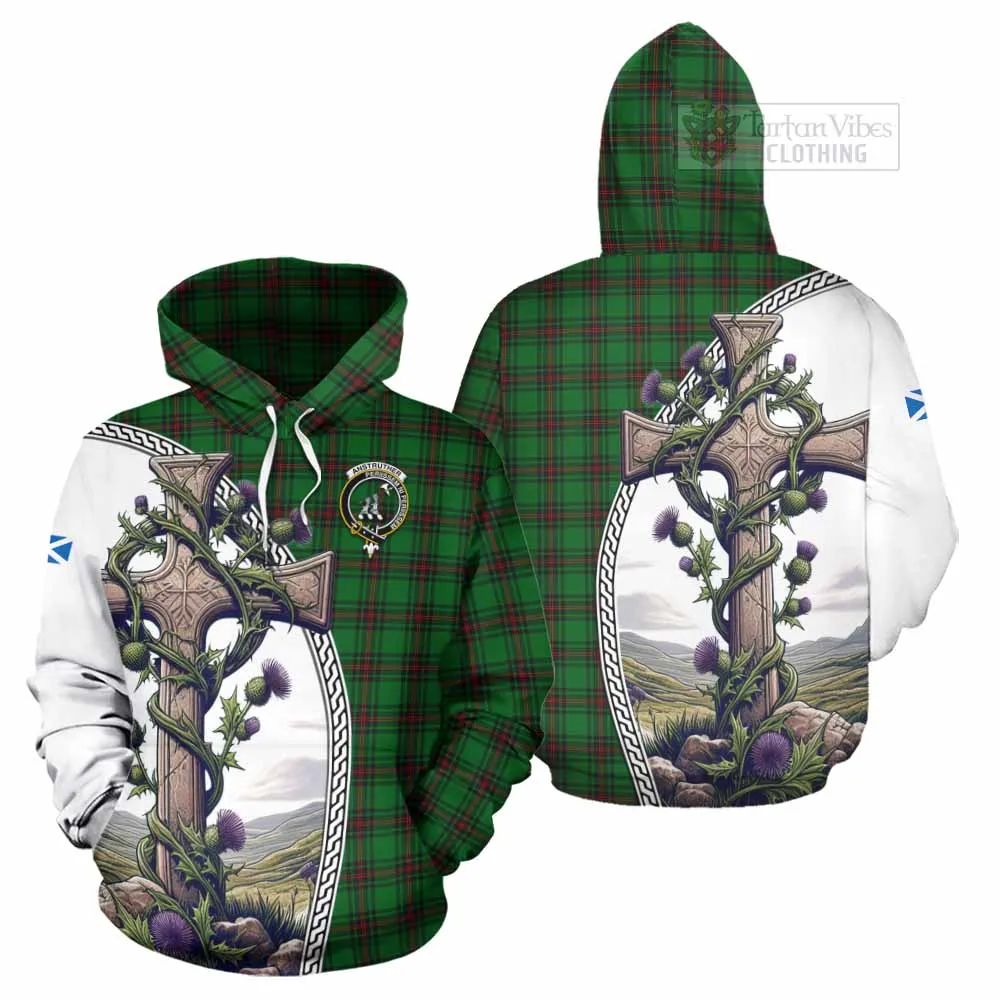 Anstruther Tartan Hoodie with Family Crest and St. Andrew's Cross Accented by Thistle Vines