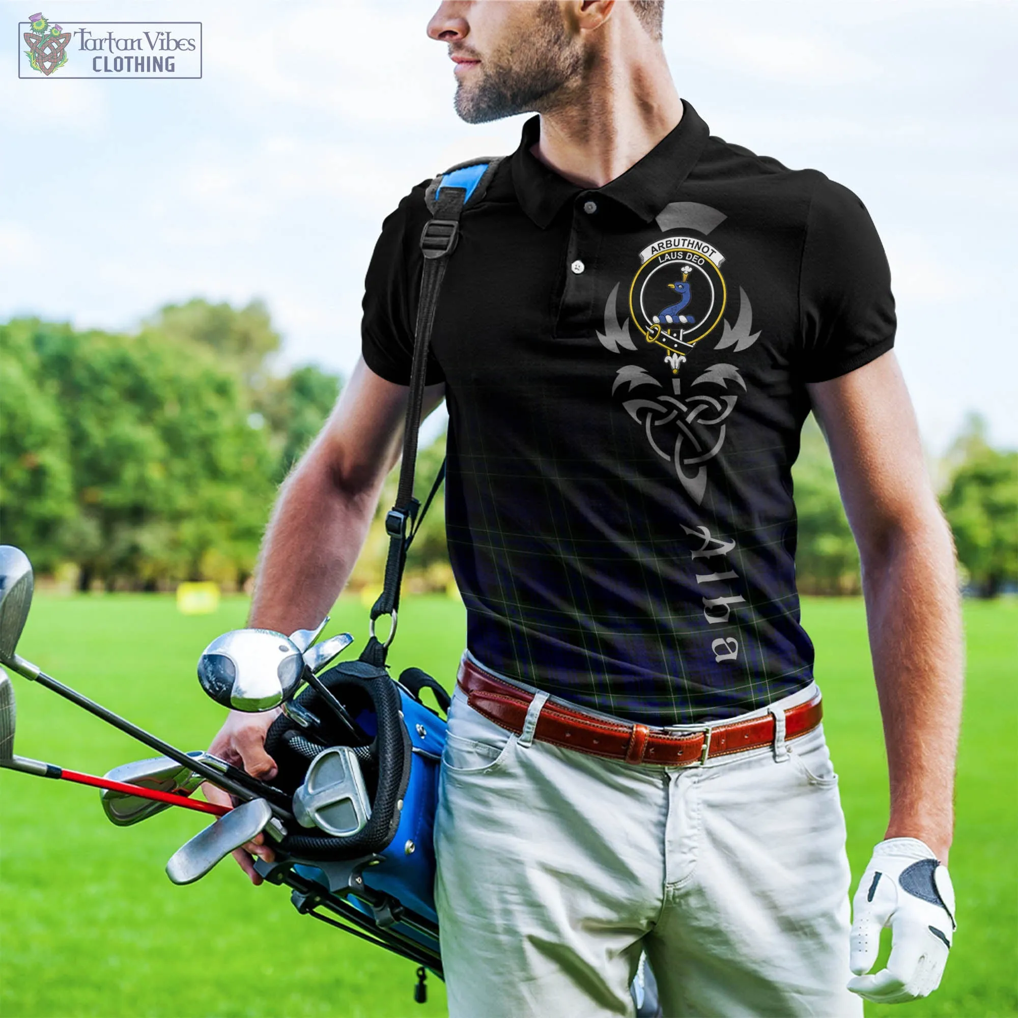 Arbuthnot Modern Tartan Polo Shirt Featuring Alba Gu Brath Family Crest Celtic Inspired