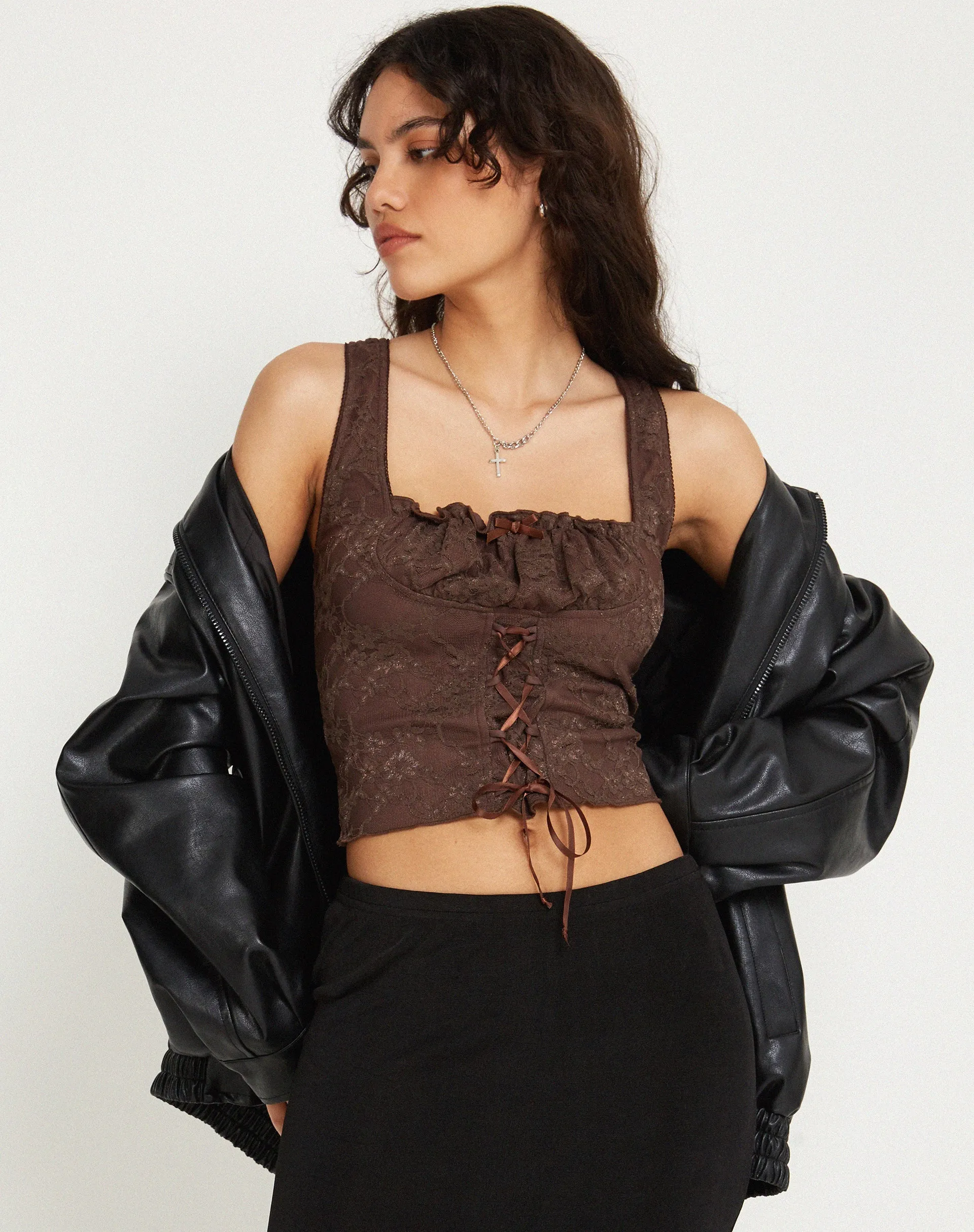 Asahi Crop Top in Lace Chestnut Brown