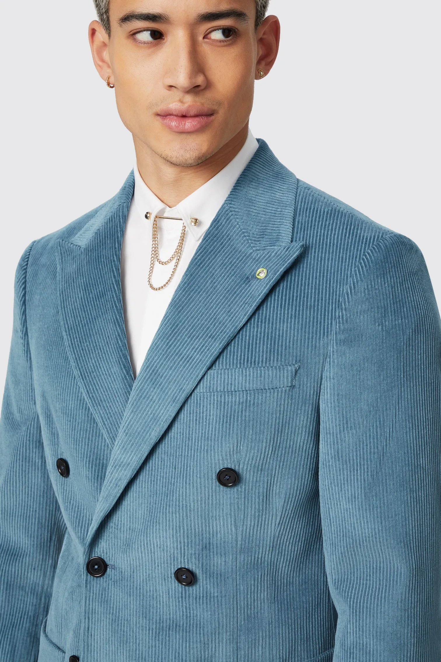 Aston Slim Fit Blue Corduroy Double Breasted Suit