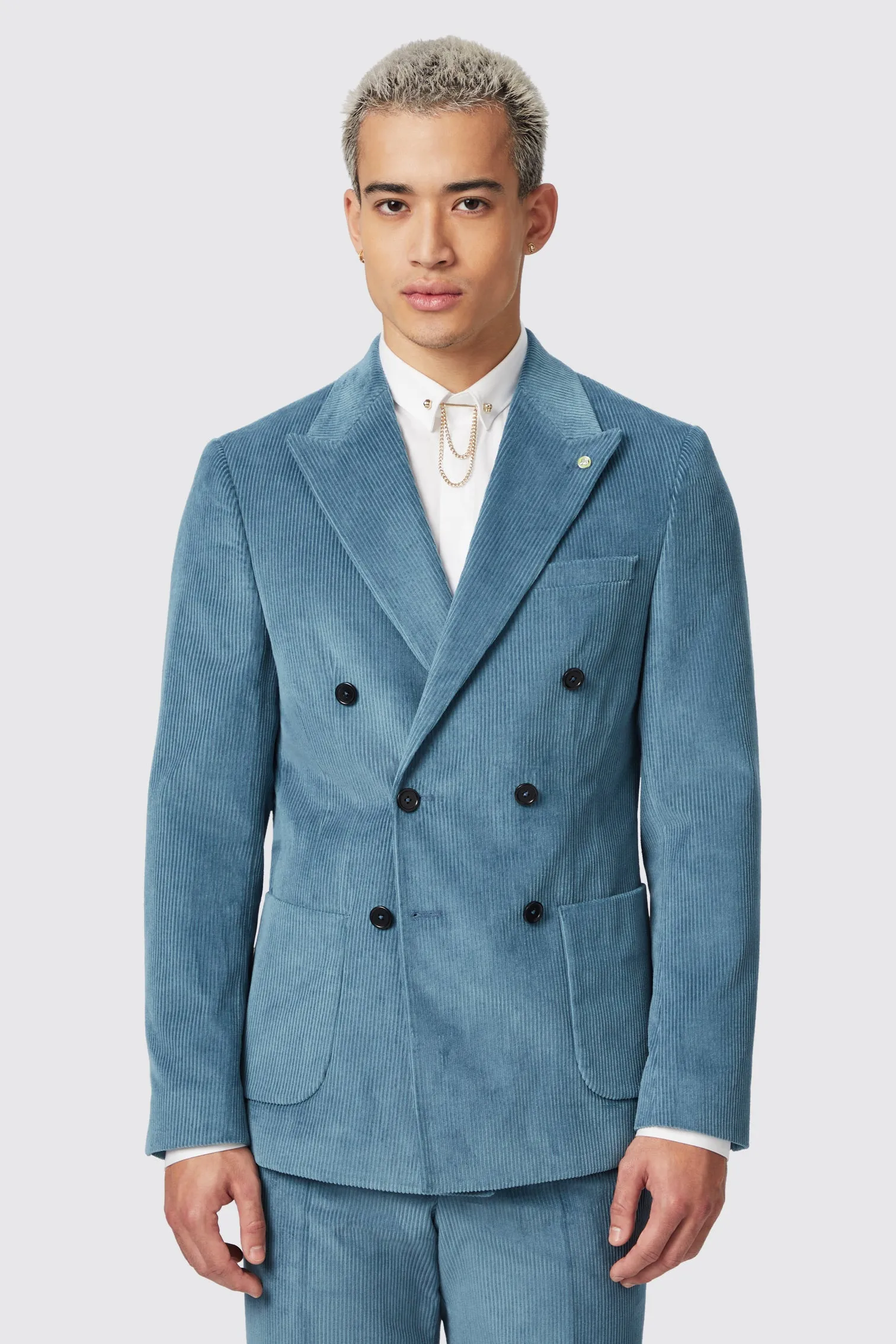 Aston Slim Fit Blue Corduroy Double Breasted Suit