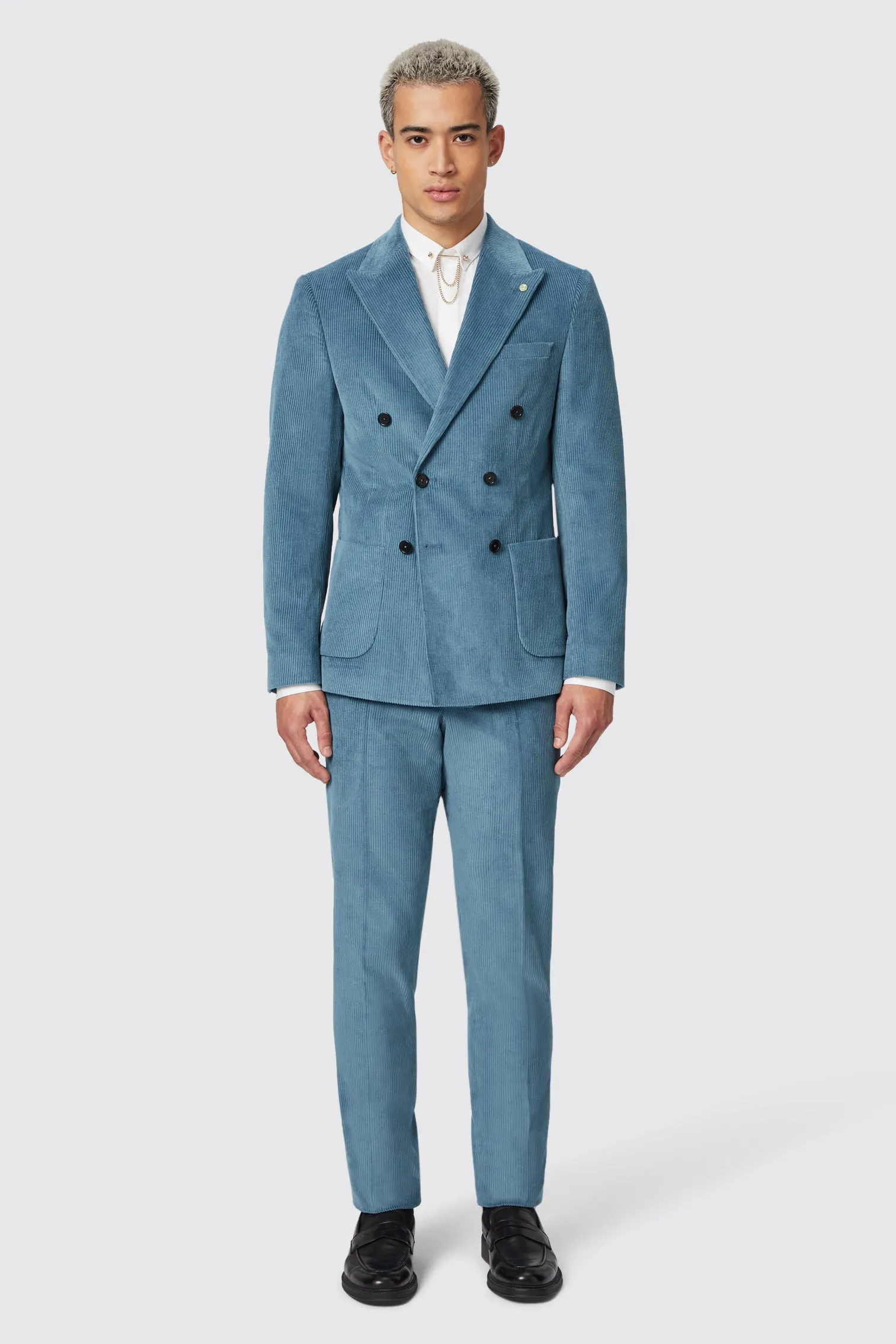 Aston Slim Fit Blue Corduroy Double Breasted Suit