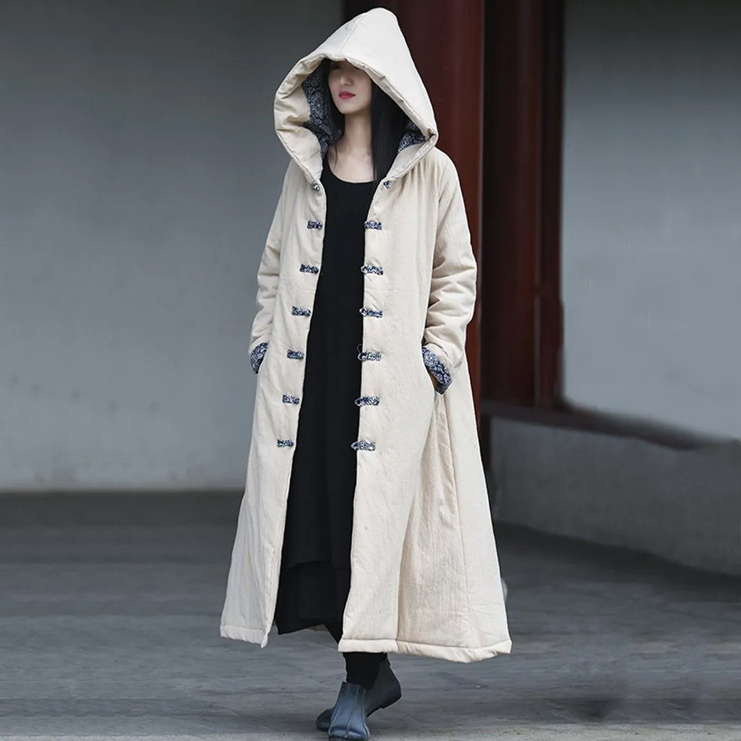 Babakud Women Winter Simple Cotton Linen Hooded Quilted Coat