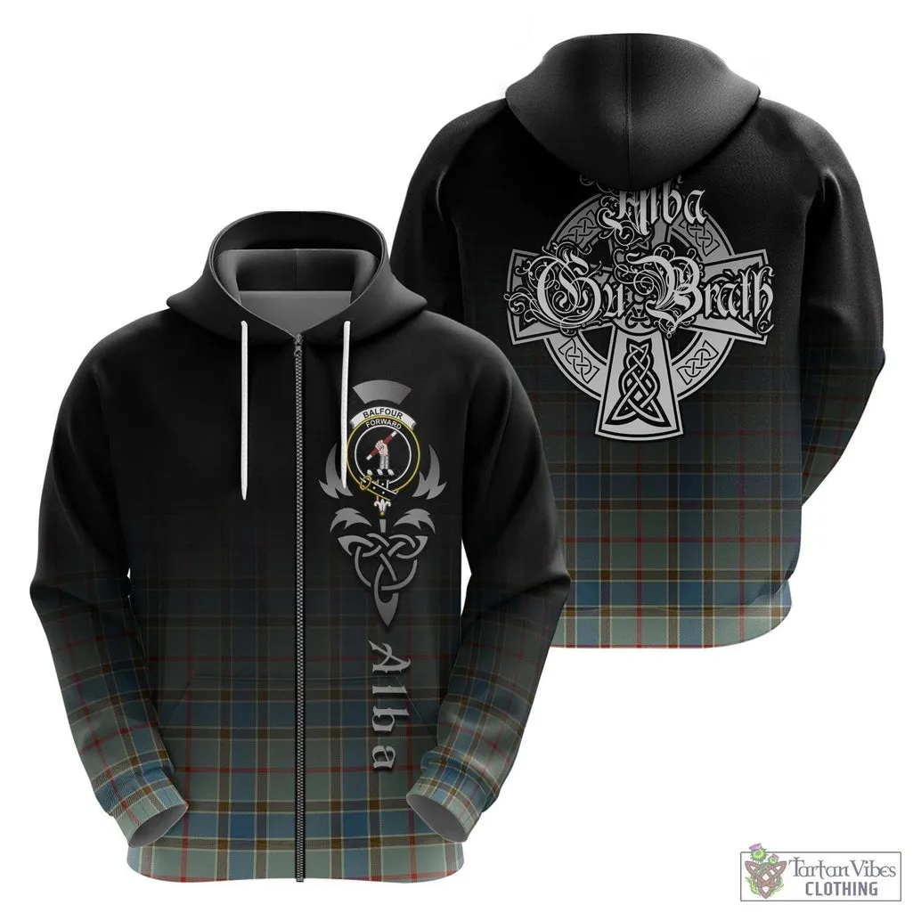 Balfour Blue Tartan Hoodie Featuring Alba Gu Brath Family Crest Celtic Inspired