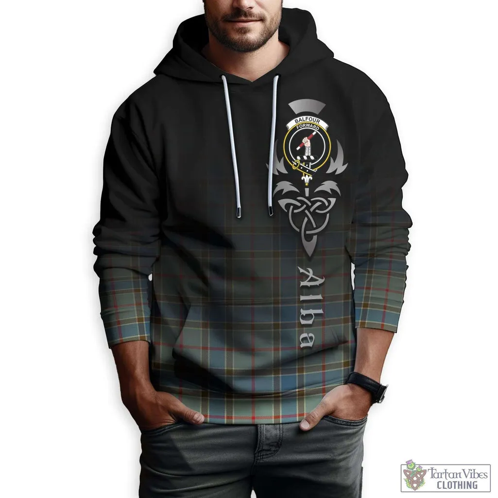 Balfour Blue Tartan Hoodie Featuring Alba Gu Brath Family Crest Celtic Inspired