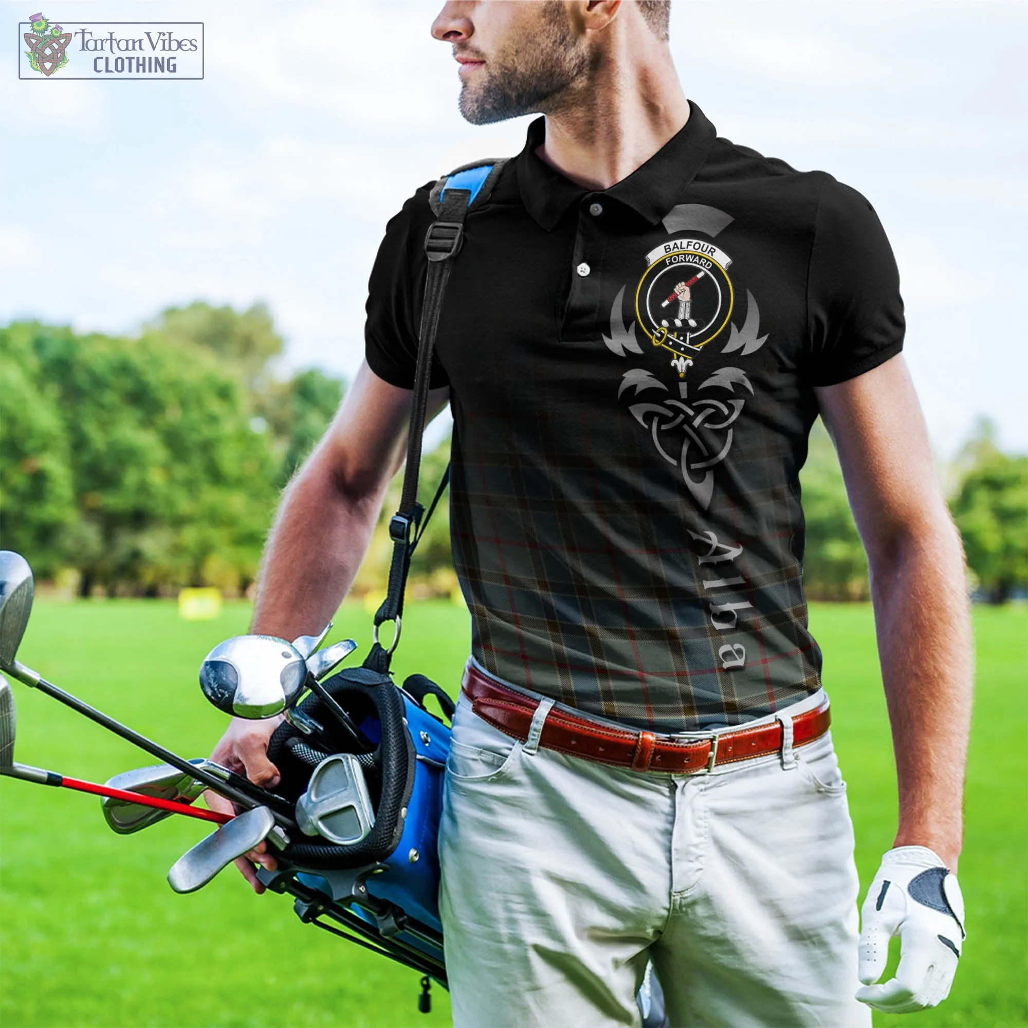 Balfour Blue Tartan Polo Shirt Featuring Alba Gu Brath Family Crest Celtic Inspired