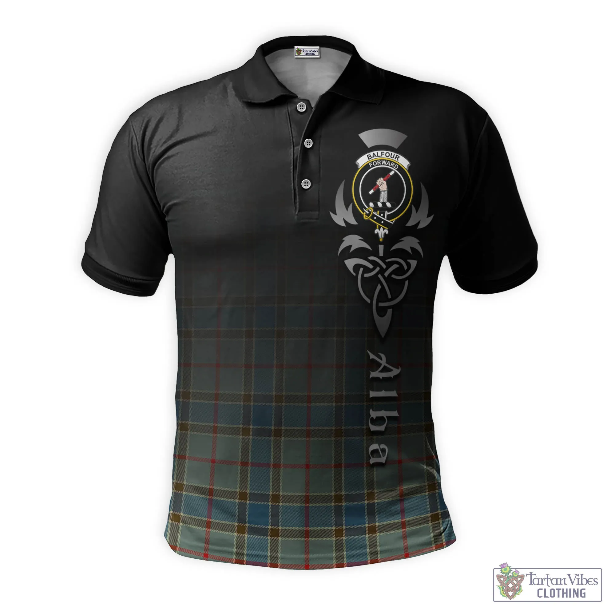 Balfour Blue Tartan Polo Shirt Featuring Alba Gu Brath Family Crest Celtic Inspired