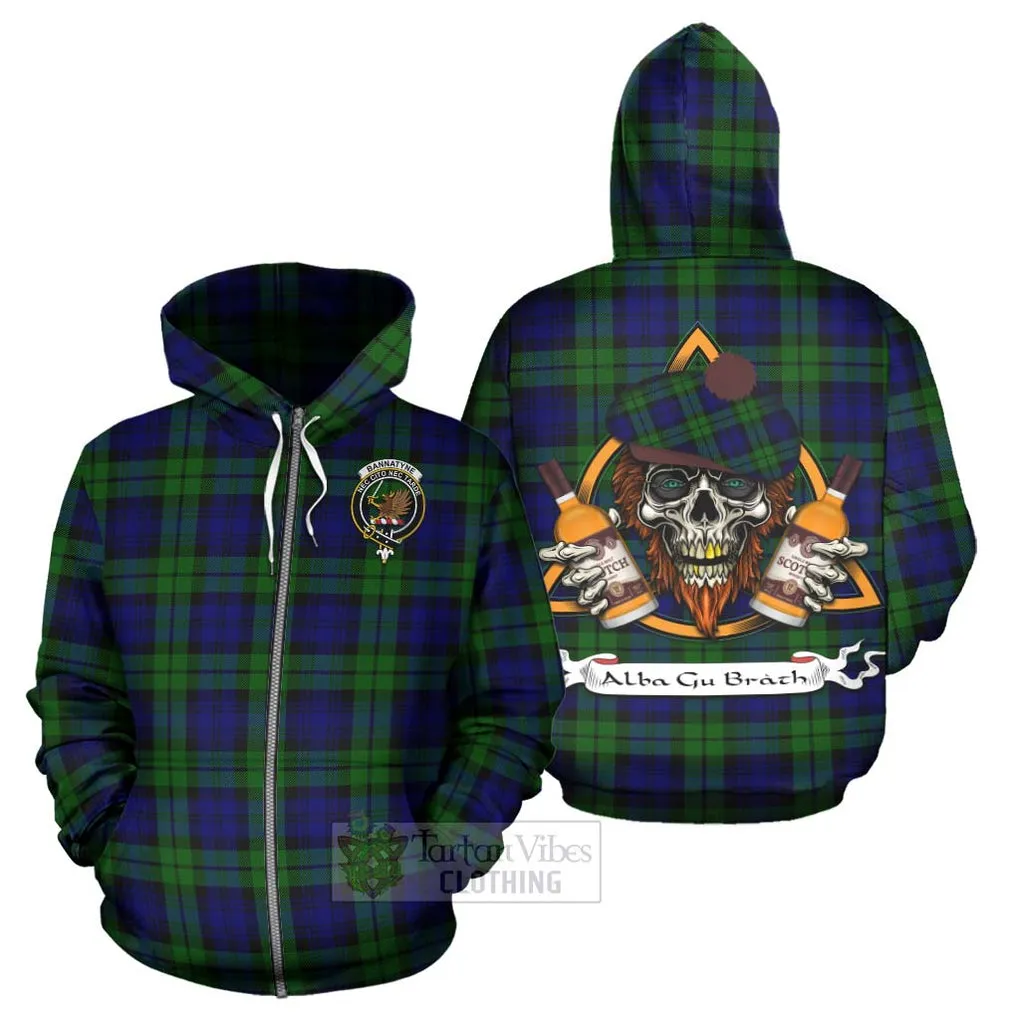 Bannatyne Tartan Hoodie with Family Crest and Bearded Skull Holding Bottles of Whiskey