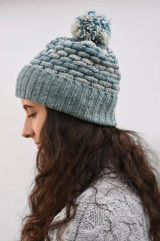 Basketweave Bobble Beanie - Denim - McConnell