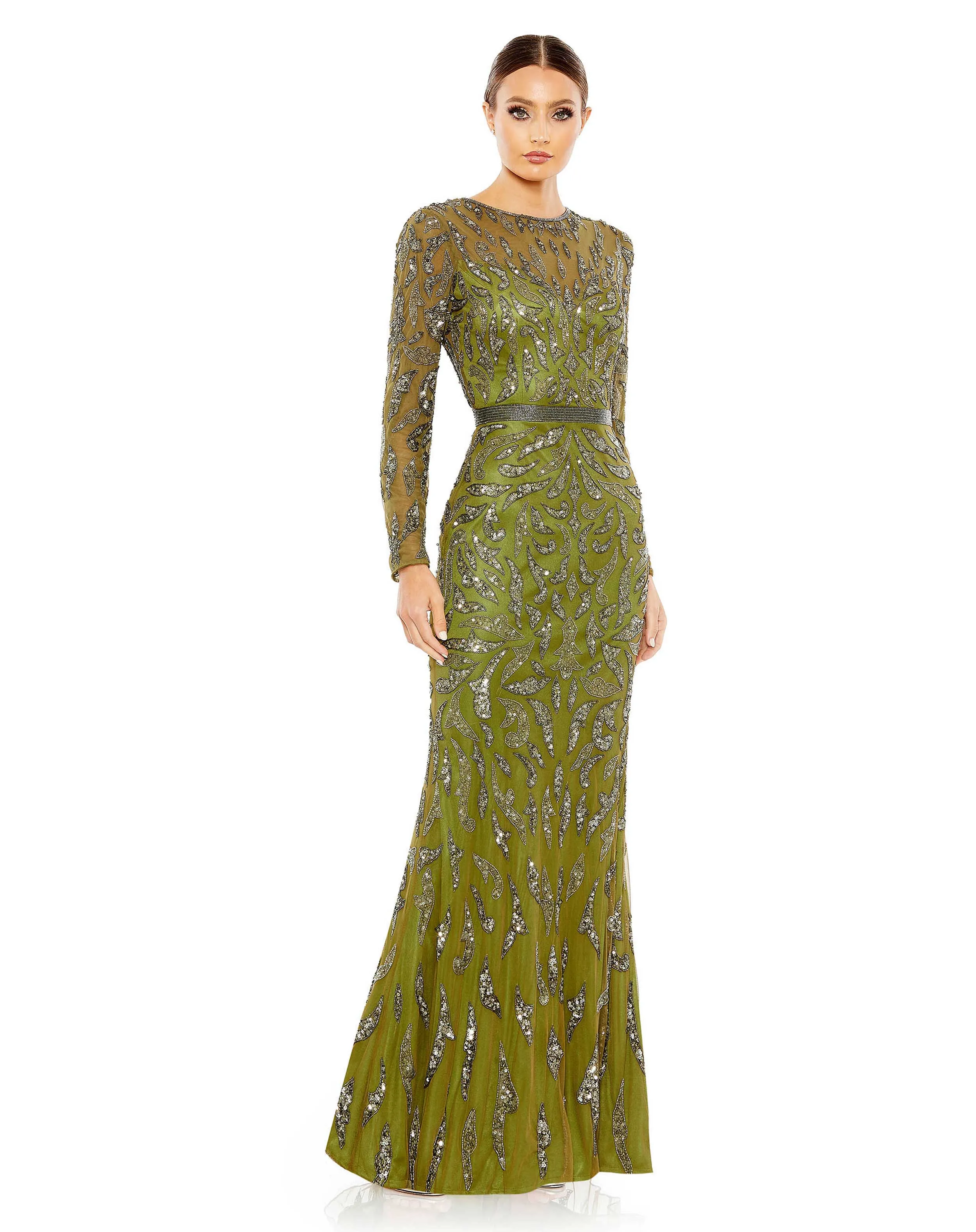 Beaded Long Sleeve Evening Gown