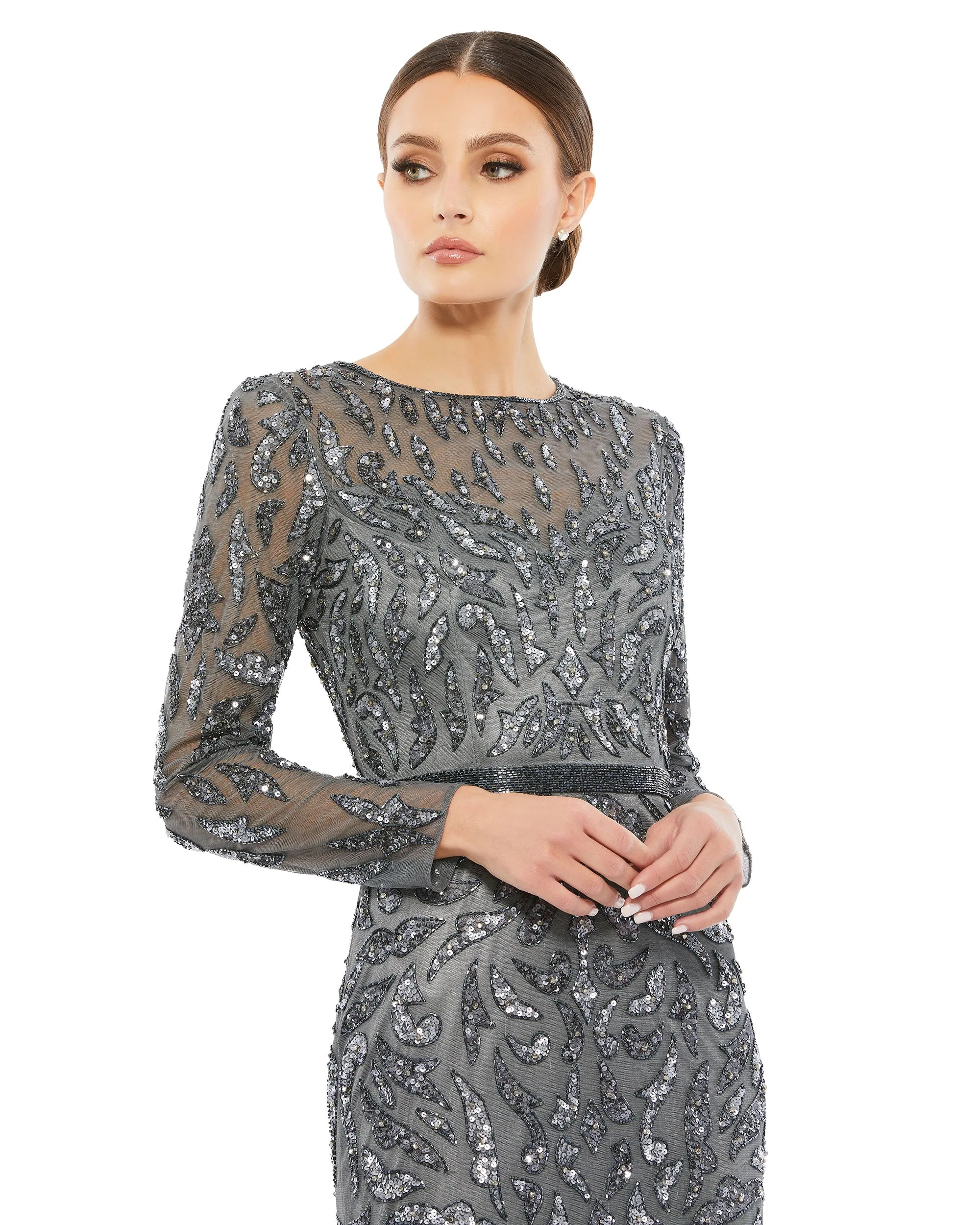 Beaded Long Sleeve Evening Gown