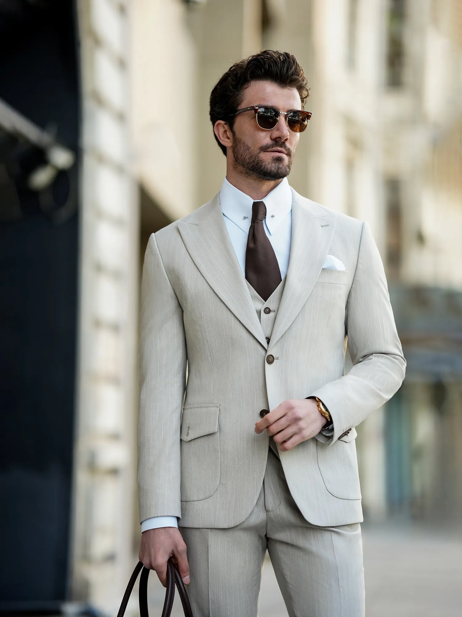 Beige Striped Slim-Fit Suit 3-Piece