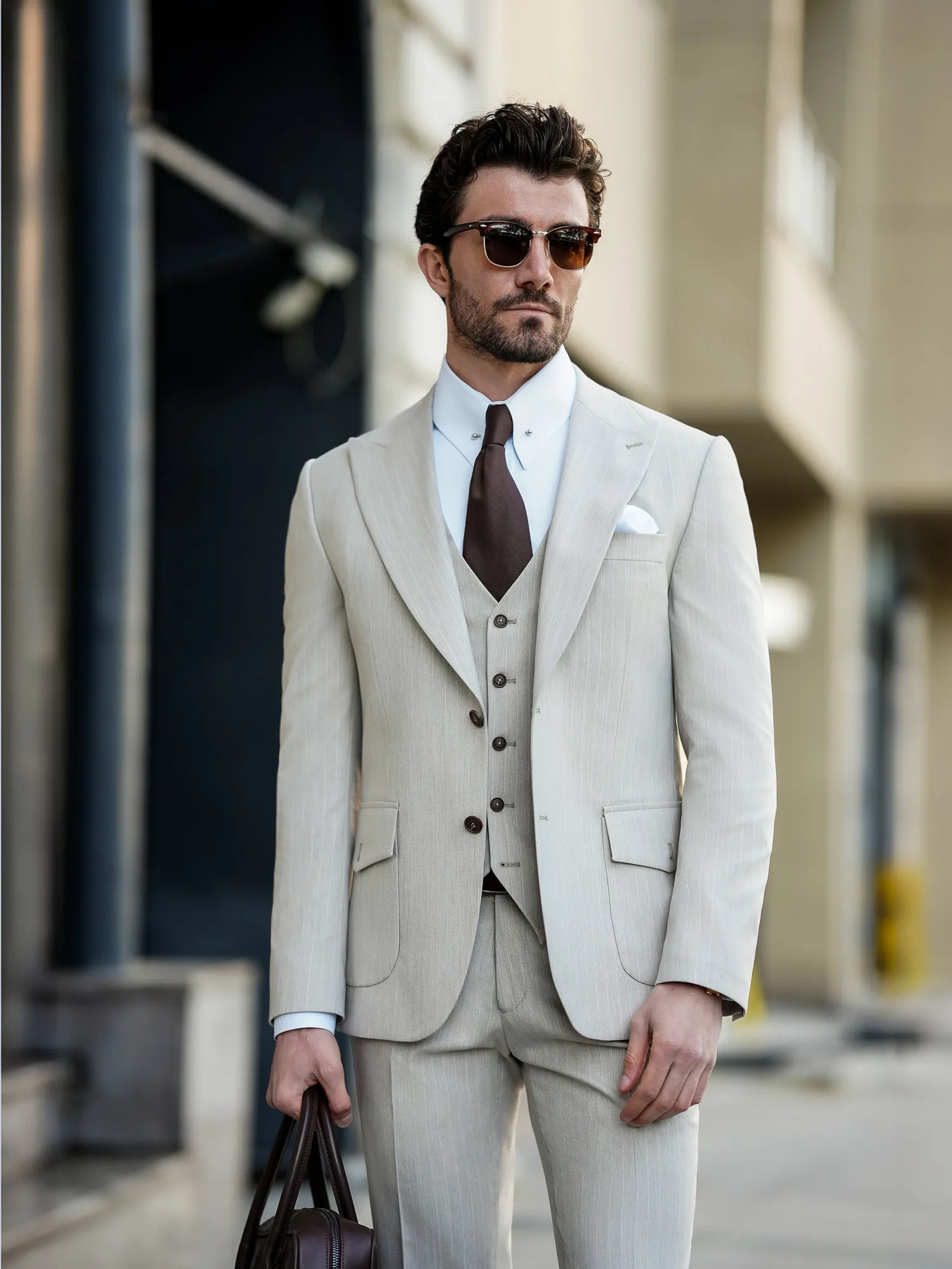 Beige Striped Slim-Fit Suit 3-Piece