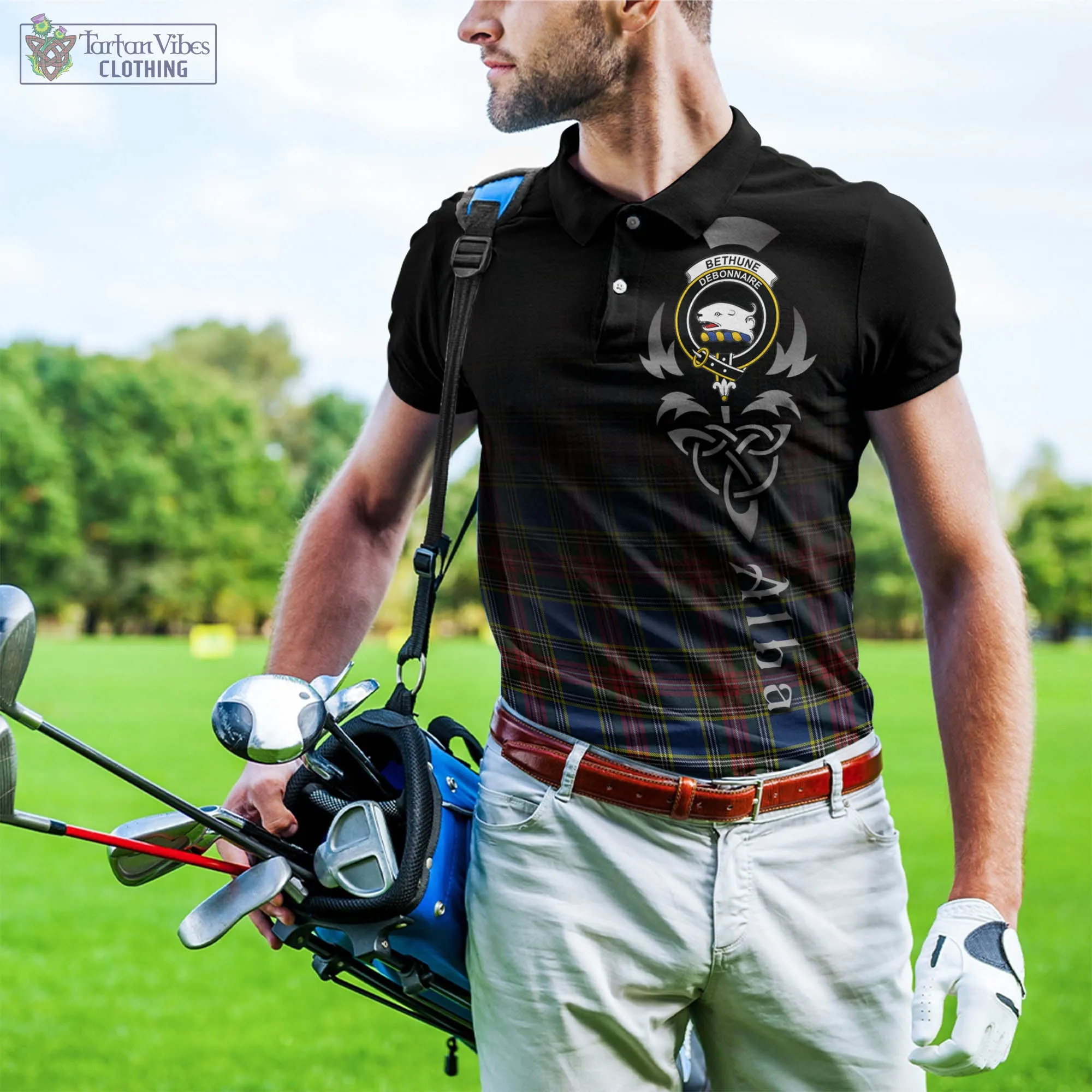 Bethune Tartan Polo Shirt Featuring Alba Gu Brath Family Crest Celtic Inspired