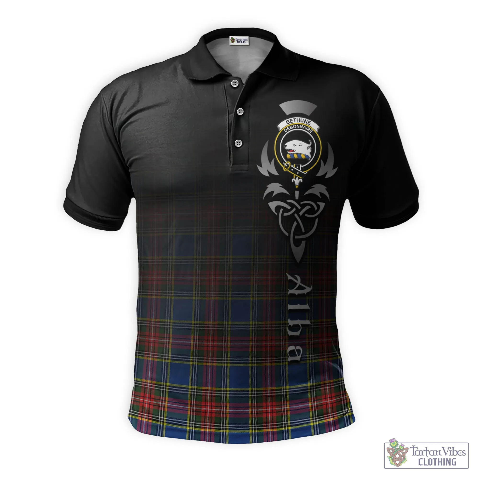 Bethune Tartan Polo Shirt Featuring Alba Gu Brath Family Crest Celtic Inspired