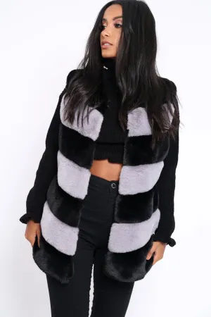 Black and Grey Faux Fur Striped Gilet - Ida