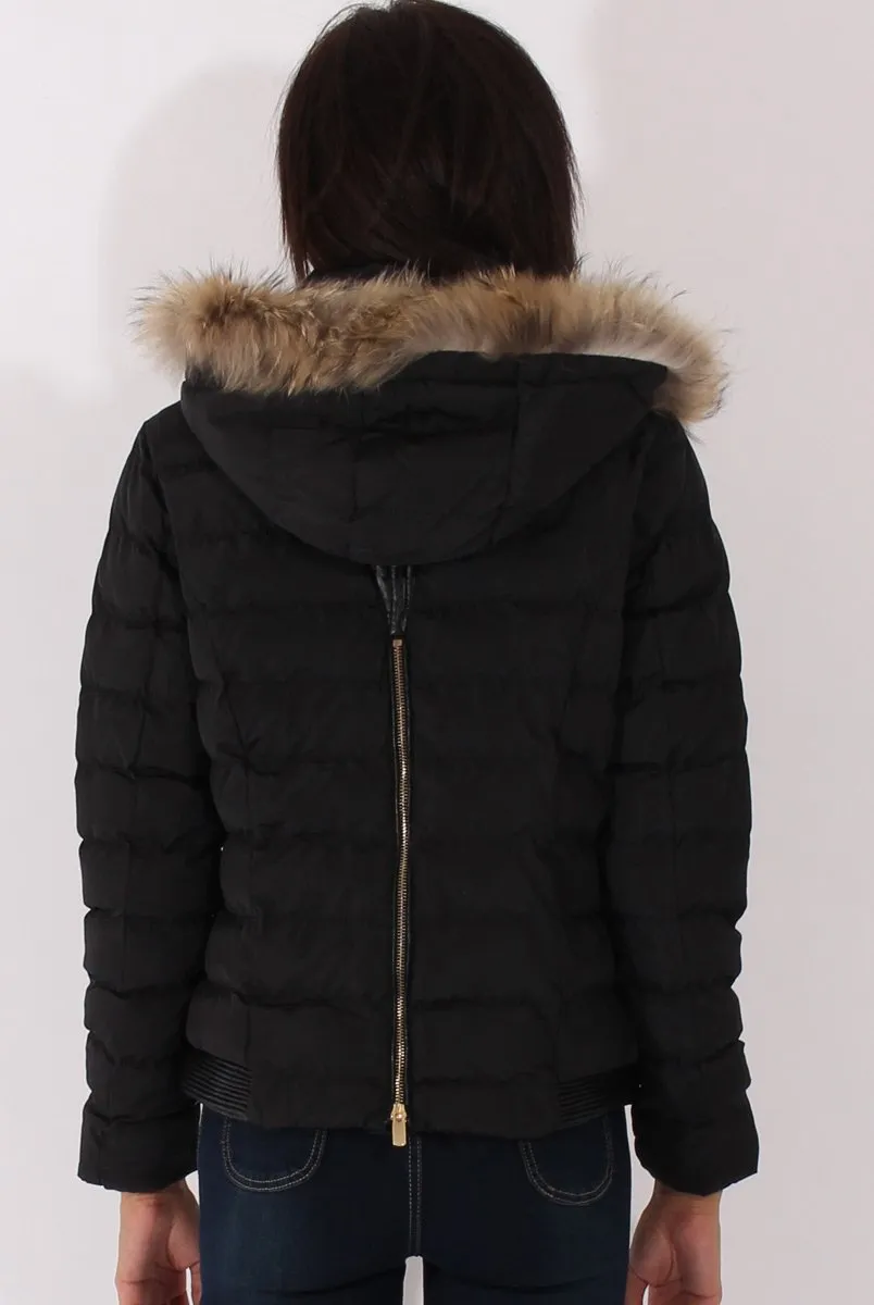 Black Quilted Coat with Faux Fur Hood - Vega