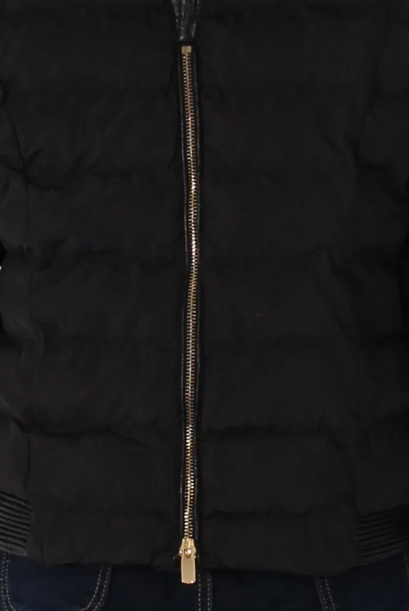 Black Quilted Coat with Faux Fur Hood - Vega