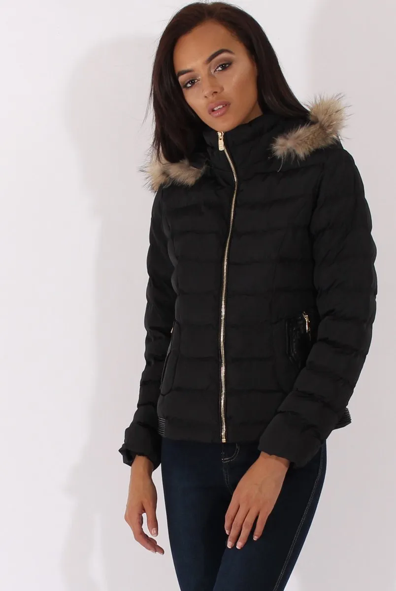 Black Quilted Coat with Faux Fur Hood - Vega