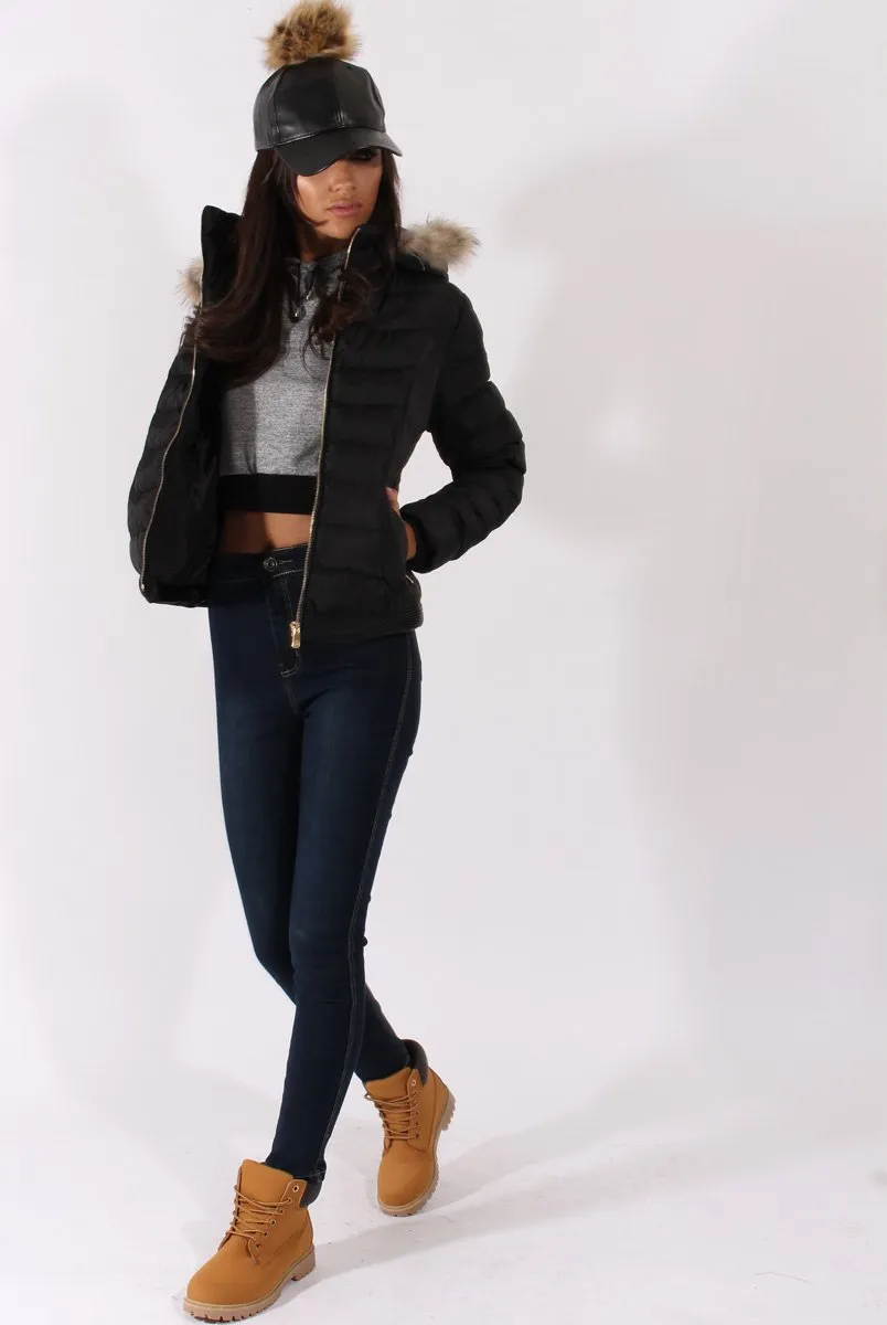 Black Quilted Coat with Faux Fur Hood - Vega