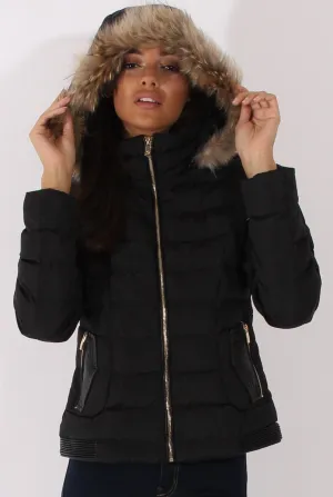 Black Quilted Coat with Faux Fur Hood - Vega