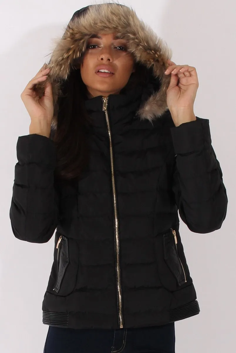 Black Quilted Coat with Faux Fur Hood - Vega