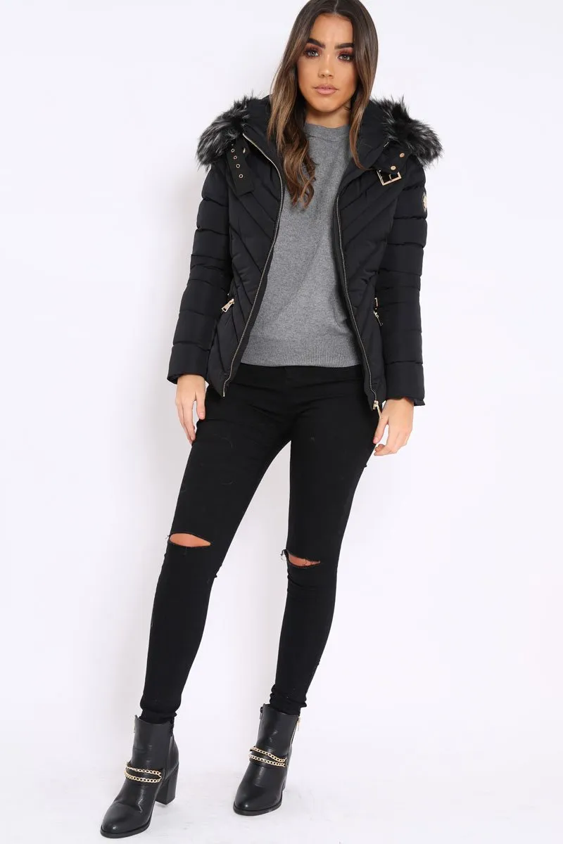 Black Quilted Coat with Fur Hood - Eleena